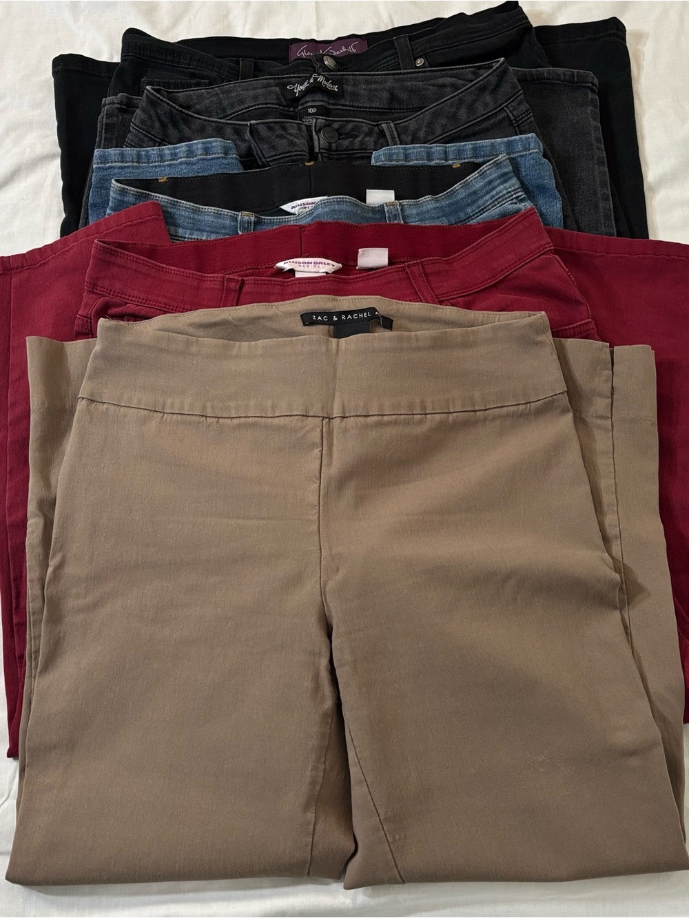 Zac & Rachel Tan (Khaki) Women’s Jeans Stack - Tan, Burgundy, Blue, Black, Gray